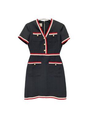 Gucci Navy Black Interlocking Pearl Button Short Sleeve Dress 38